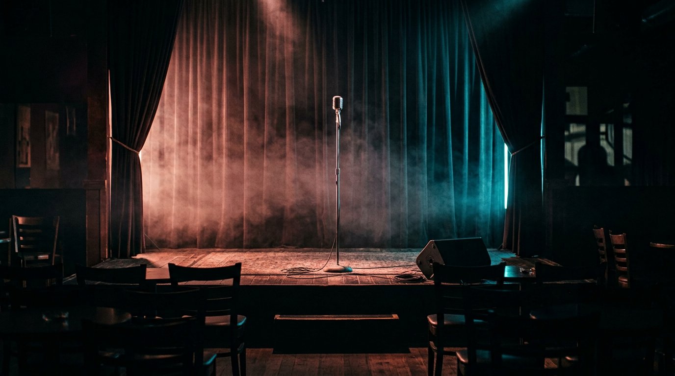 Palco vuoto, luce rame e foschia